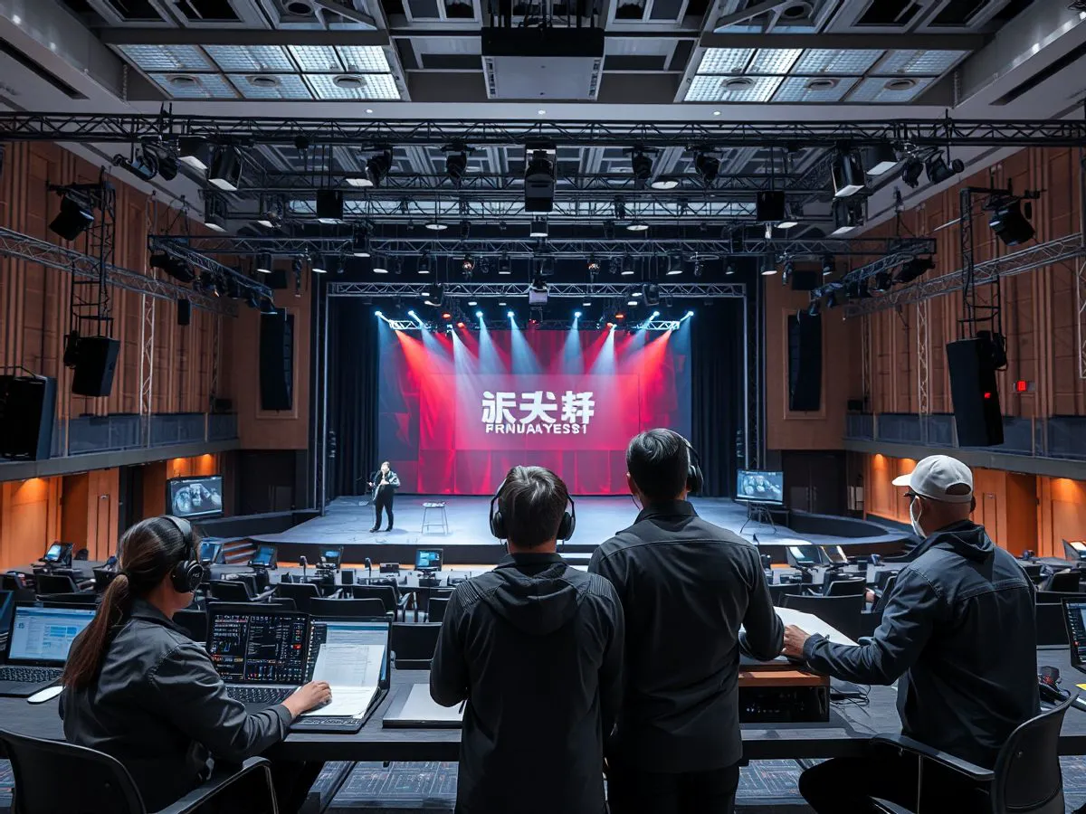 活动现场管理团队在舞台前协调工作